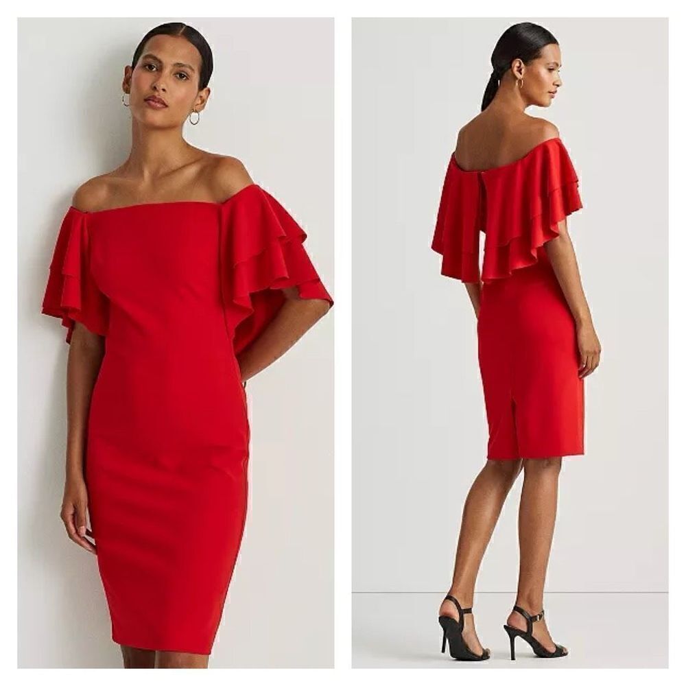 LAUREN RALPH LAUREN NWT RED Crepe Off-the-Shoulder Cocktail Dress 2